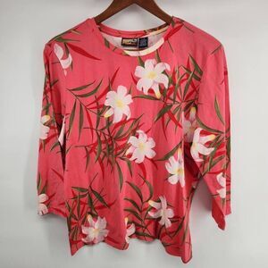 Havana Jack Coral Tropical Hawaiian 3/4 Sleeve Tee Blouse Women's Large